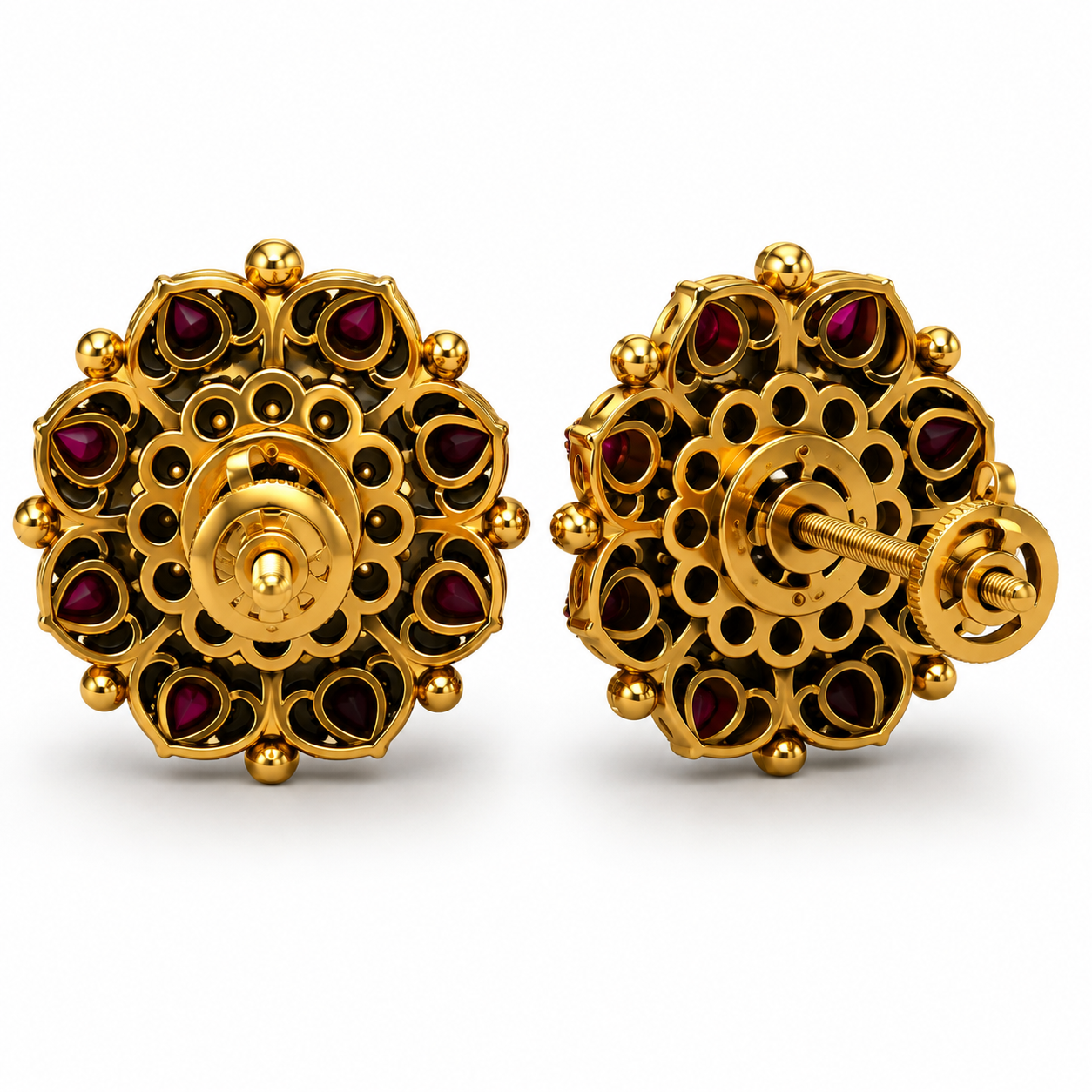 Antique Gold Ruby Floral Stud Earrings